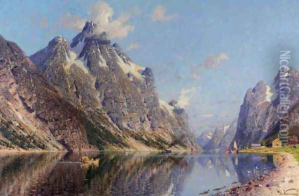 Snow-Capped Fjord (En snødekket fjord) Oil Painting - Adelsteen Normann