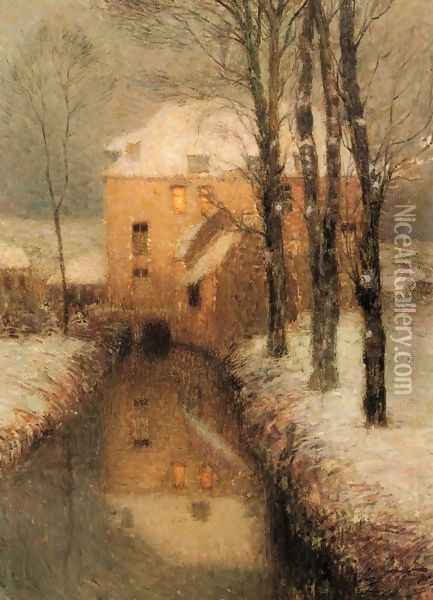 The Canal, Snow Oil Painting - Henri Eugene Augustin Le Sidaner