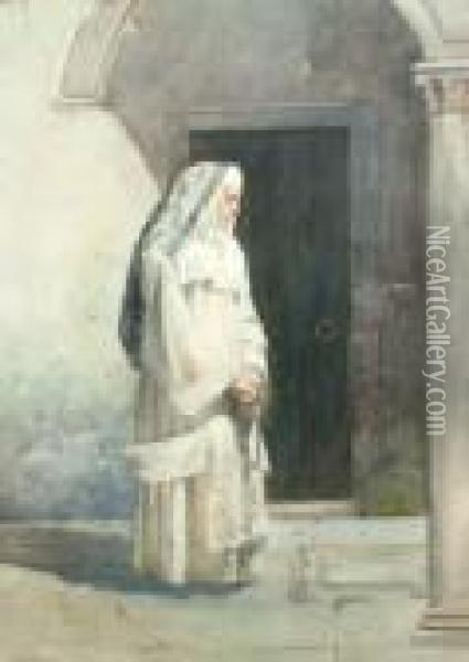 Manner Of Jose Juliana Y Albert,
 Spanish -- Study Of A Nun Standing Full Length By A Doorway; 
Watercolour, Bears Signature And Inscription, 36.5x26cm Oil Painting - Jose Juliana Albert