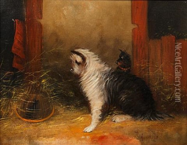 Terriers Ratting (+ Another; Pair) Oil Painting - J. Langlois