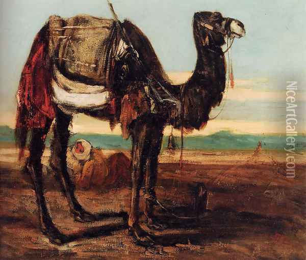 A Bedouin And A Camel Resting In A Desert Landscape Oil Painting - Alexandre Gabriel Decamps