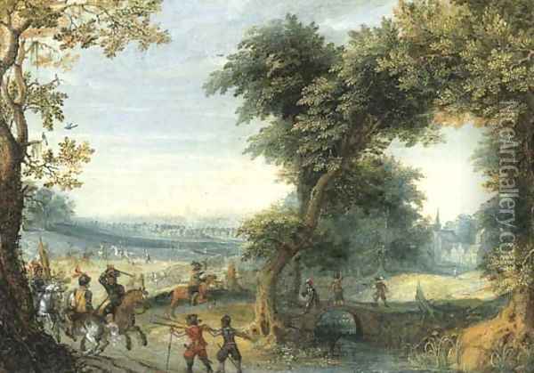 A wooded landscape with a cavalry skirmish, a city beyond Oil Painting - Mattheus Adolfsz Molanus