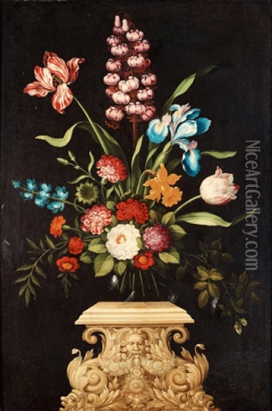 Blomsterstycke Pa Piedestal Oil Painting - Johan Johnsen