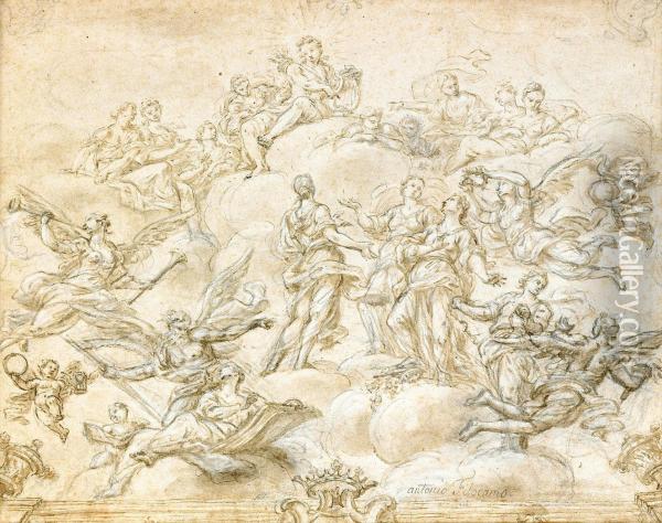 Apollon Och De Nio Muserna Omgivna Med Mytologiska Vasen - Skiss Till Plafondmalning Oil Painting - Antonio Filocamo