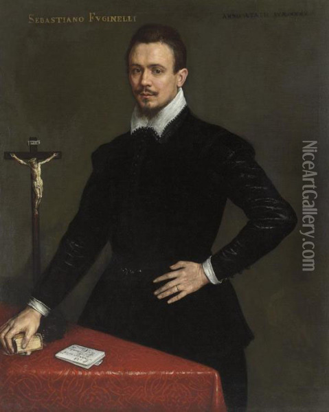 Portrait Of Sebastiano 
Fuginelli, Three-quarter-length, In A Blackcoat, With A Book And A 
Crucifix On A Table Oil Painting - Leandro Bassano