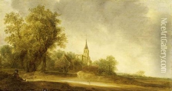 A Dune Landscape With Travellers And A Figure Resting, A Small Village And A Church Ruin Beyond Oil Painting - Pieter Jansz van Asch