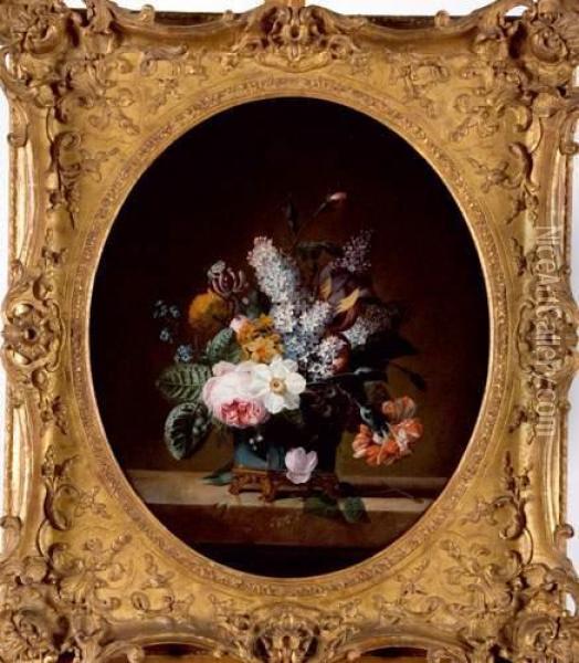 Bouquet De Fleur Aux Roses, Lilas, Narcisses, Jonquilles Ettulipes Oil Painting - Jean Louis de Veilly