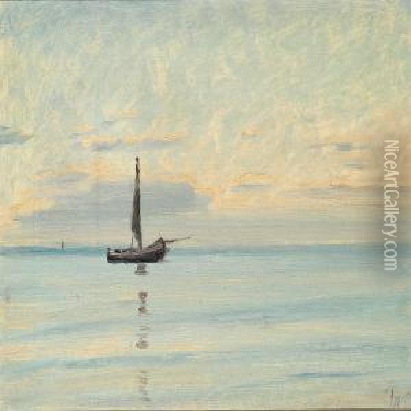 Seascape With Dinghy, Calm Sea Oil Painting - Michael Ancher