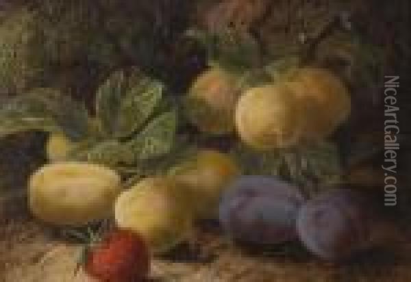 Greengages, Plums And Strawberry On A Mossy Bank Oil Painting - Oliver Clare