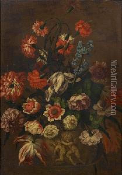 Tulips, Carnations, Roses, Hyacinths And Other Flowers In A Stone Vase Oil Painting - Andrea Belvedere
