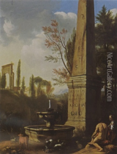A Classical Landscape With Shepherds Resting With Their Flock By A Fountain Near A Roman Obelisk Oil Painting - Gerrit van Bronckhorst