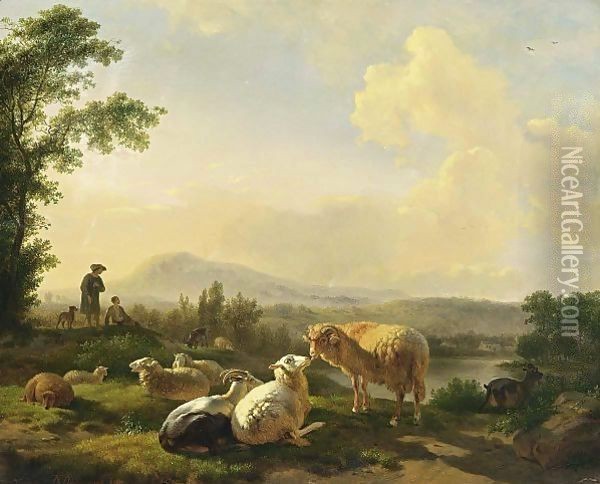 Herdsmen With Sheep In A Landscape Oil Painting - Balthasar Paul Ommeganck