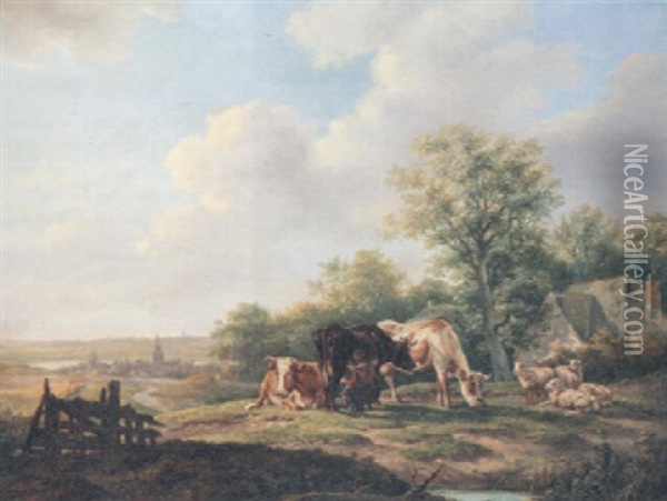 Cattle And Sheep In A Farm Landscape With A Village Beyond Oil Painting - Anthony Jacobus Offermans