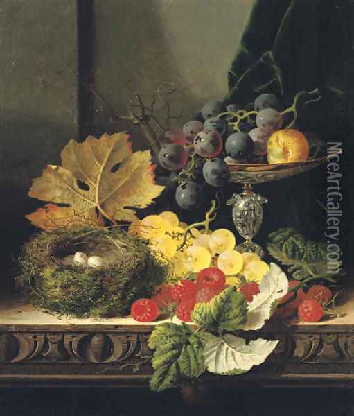 Still life with a bird's nest, black and white grapes, a greengage in a tazza, and some raspberries, on a wooden ledge Oil Painting - Edward Ladell