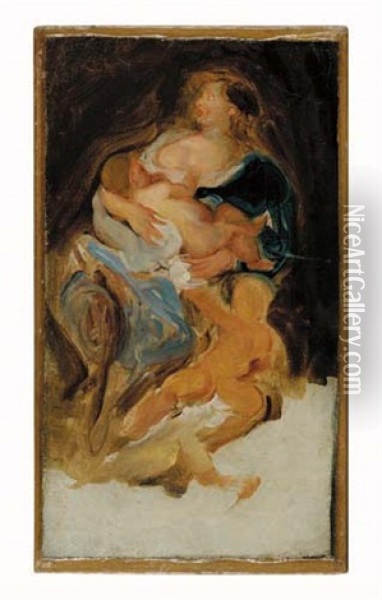 A Mother Nursing A Child With Another Child Standing Beside Her Oil Painting - Eugene Delacroix