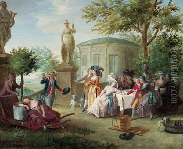 Elegant company dining in an ornamental garden, a rotunda and a landscape beyond Oil Painting - Niclas II Lafrensen