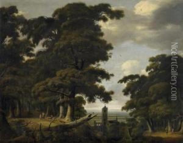 Landscape. View Through An Aisle
 In The Oak Forest On The Townscape With Church In Front Of A Wide Plane Oil Painting - Jan Looten