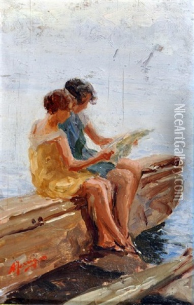 Ragazze Sul Molo Oil Painting - Antonio Ferrigno