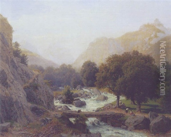 Bjerglandskab Med Fiskende Ved En Flod Oil Painting - Johann Jakob Vollweider
