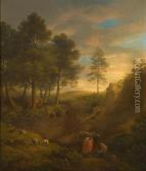 Firewood Gatherers With Sheep And Cows Oil Painting - Thomas Hearne