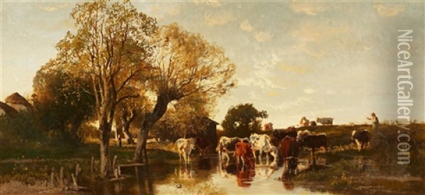 Landscape With Cattle Oil Painting - Josef Wenglein