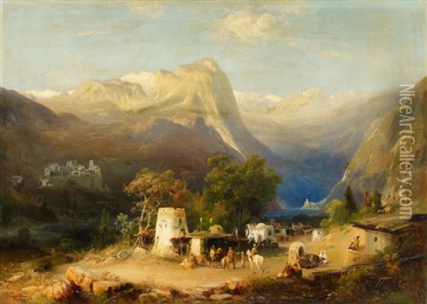 Caucasian Landscape With A Village Oil Painting - Paul Von Franken