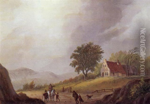 Landskab Med Personer Og Dyr Pa En Vej, Blaesevejr Og Morke Skyer Oil Painting - Cornelis Francois Roos