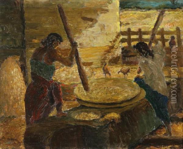 Kampongmet Enkele Vrouwelijke Figuren, Bezig Met Het Voorbereiden Vanvoedsel Oil Painting - Wilhelm Ch. Constant Bleckmann