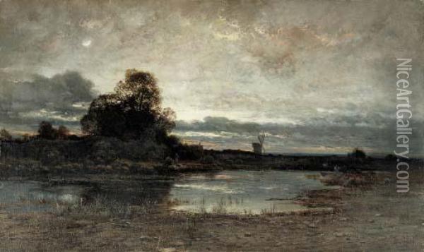 Evening River Landscape
Oil On Canvas Oil Painting - Julius Schonrock