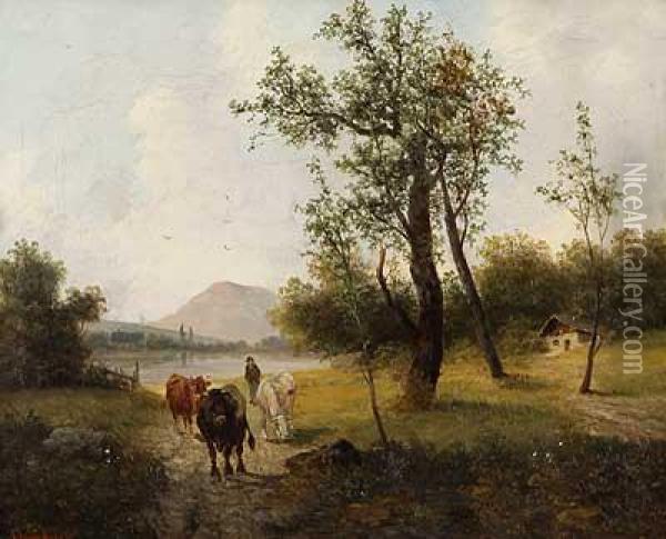 Bauermit Kuhen In Weitlaufiger Landschaft Oil Painting - Julius Lindner