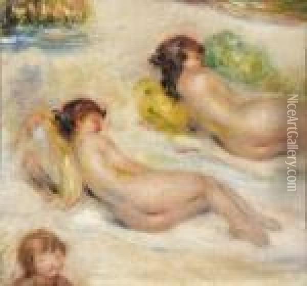 Deux Nus Allonges, Tete D'enfant Et Petit Paysage Oil Painting - Pierre Auguste Renoir