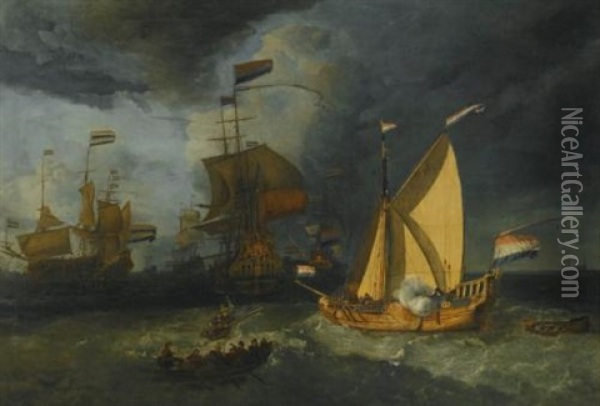The Dutch Fleet At Sea, With A States Yacht Firing A Salute Oil Painting - Ludolf Backhuysen the Elder