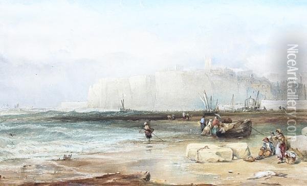 Fisherfolk On A Beach Before A Busy Coastaltown Oil Painting - William Clarkson Stanfield