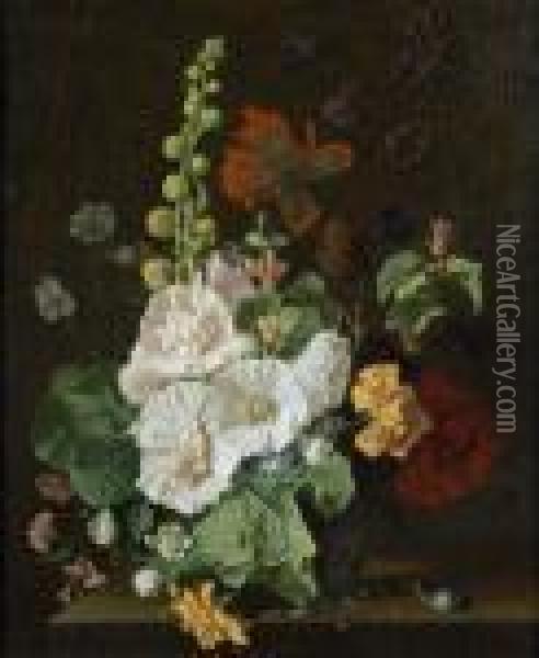 Hollyhocks And Other Flowerswith Snails Oil Painting - Jan Van Huysum