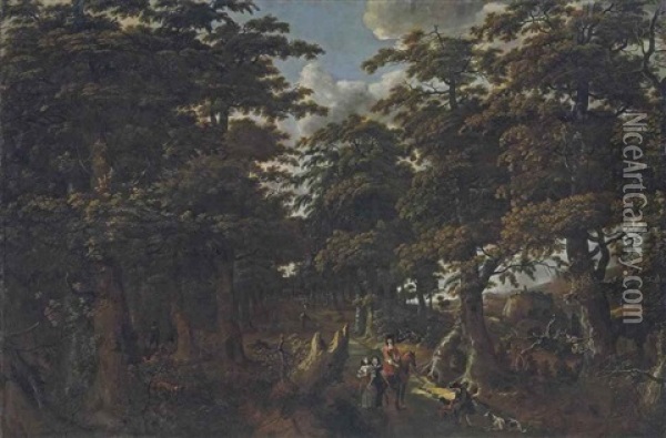 A Wooded Landscape With A Gentleman On Horseback, Two Elegantly Dressed Ladies And A Huntsman With His Dogs On A Path Oil Painting - Jan Looten