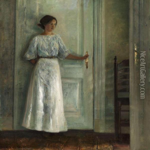 Interior With The Artist'swife In A White Dress Oil Painting - Carl Vilhelm Holsoe