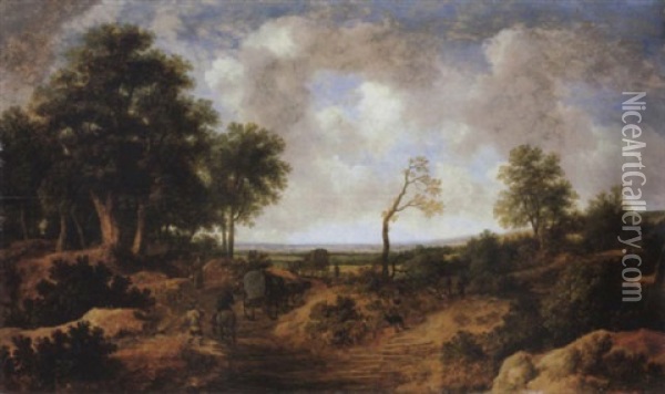 A Wooded Landscape With Travellers In Wagons On A Road Oil Painting - Pieter De Molijn