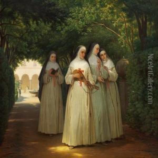 Nonner Spadsere I Klosterhaven Oil Painting - Jorgen Sonne