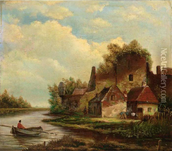 A River Landscape With A Fisherman In A Boat Oil Painting - Hermanus Jan Hendrik Rijkelijkhuijsen