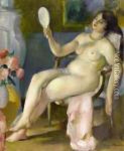 Modele Devant Son Miroir, Circa 1920 Oil Painting - Henri Ottmann