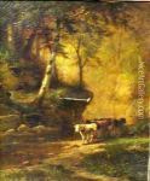 Cattle In A Wooded River Glade Oil Painting - James Brade Sword