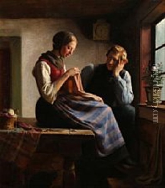 A Sewing Country Girl Is Having A Conversation With A Young Man Oil Painting - Hermann Carl Siegumfeldt