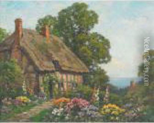 Thatched Tudor Seaside Cottage And Summer Garden Oil Painting - Thomas E. Mostyn