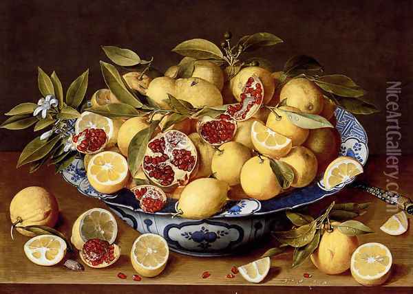 A Still Life Of A Wanli Kraak Porcelain Bowl Of Citrus Fruit And Pomegranates On A Wooden Table Oil Painting - Gerrit Van Honthorst