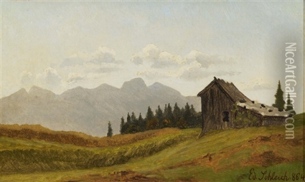 Mountain Landscape With Hut Oil Painting - Eduard Schleich the Elder
