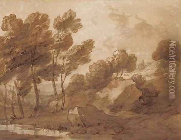 A landscape with trees by a pool Oil Painting - Thomas Gainsborough