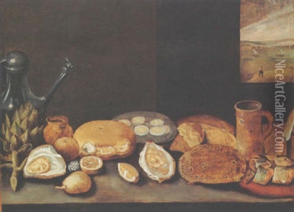 A Still Life With An Artichoke, A Pewter Jug, Oysters, Lemons, A Herring On A Plate With Bread, All On A Wooden Ledge Oil Painting - Hieronymus Francken the Younger