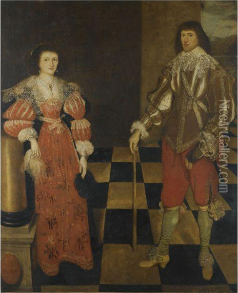 Portrait Of A Gentlemen And His Wife, Called Henry Carey, 2nd Earlof Monmouth (1596-1661) And His Wife Oil Painting - Gilbert Jackson