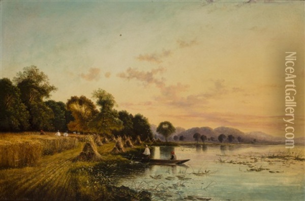 Harvesters Along A Lake Oil Painting - Edwin Henry Boddington