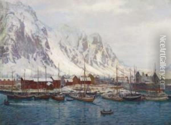 Winter In Svolvoer Harbour Oil Painting - Karl Ouren
